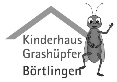 Das Logo des Kinderhauses in schwarz-weiß mit der Aufschrift "Kinderhaus Grashüpfer Börtlingen". Auf der rechten Seite ist ein Grashüpfer abgebildet, über dem Schriftzug ist ein Hausdach angedeutet.