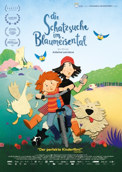 Auf dem gezeichneten Bild sieht man zwei Kinder, die auf einem Fahrrad fahren. Neben ihnen fliegt eine Ganz undein Hund springt nebenher.