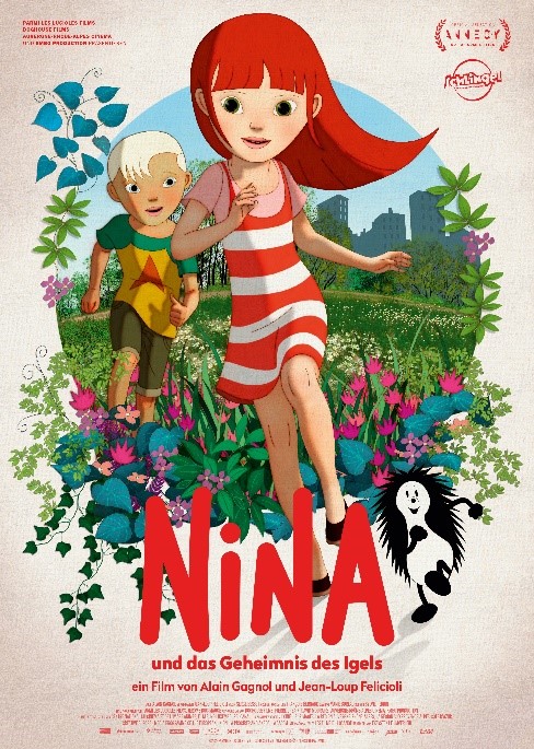 Auf der Zeichnung sieht man ein Mädchen mit roten Haaren und einm rot-weiß gestreiften kleid. Sie rent durch eine Blumenwiese. Hinter ihr rennt ein Junge mit blonden Haaren, einer kurzen dunklen Hose und einem grün-gelben T-Shirt. Im Hintergrund sieht man Hochhäuser. Im Vordergrund sieht man einen kleinen schwarz-weißen Igel tanzen.